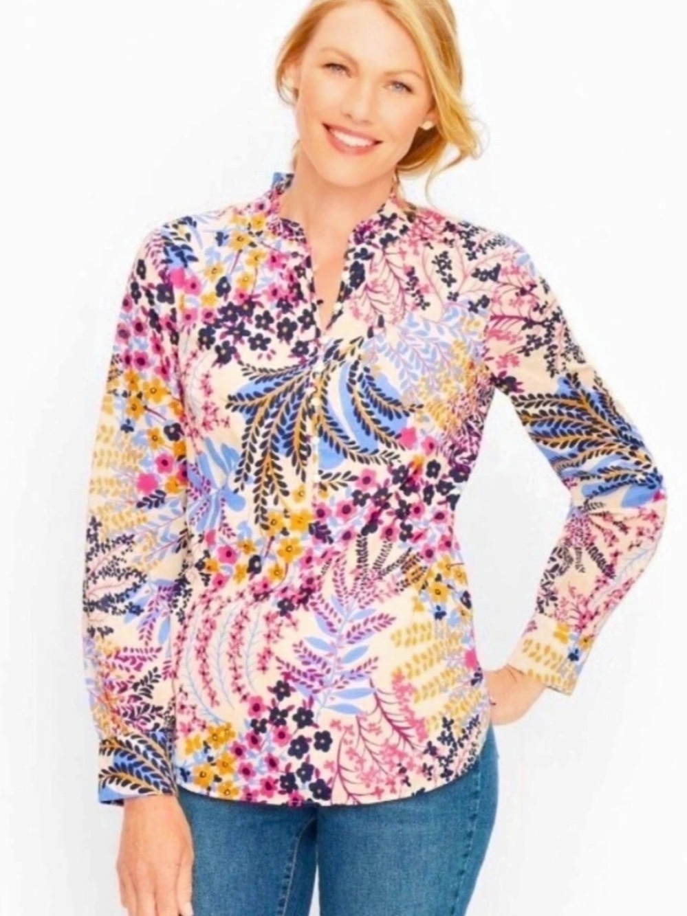 NWOT New Talbots Popover Top - Fall Floral Cotton Blouse Pink & Blue XL